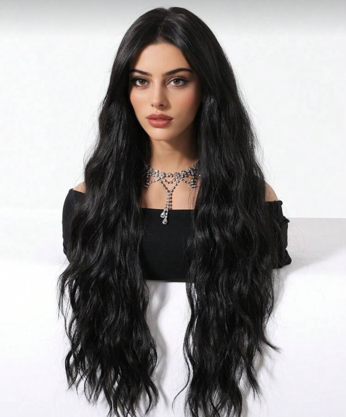 Long Black Wig For Women With Bangs Wavy Curly Synthetic Hair Natural Looking