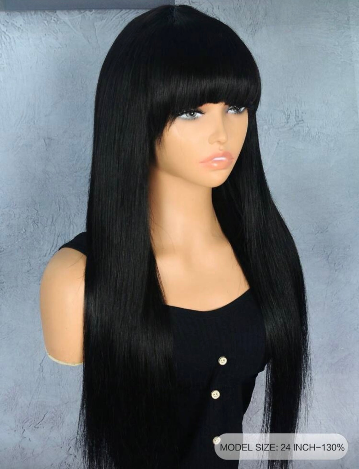 Brazilian Black Straight Human Hair Glueless Wig with Bangs
