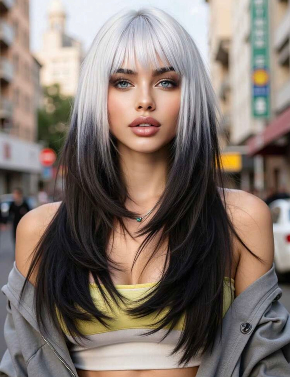 Black White Ombre Synthetic Wigs With Bangs Heat Resistant Wig