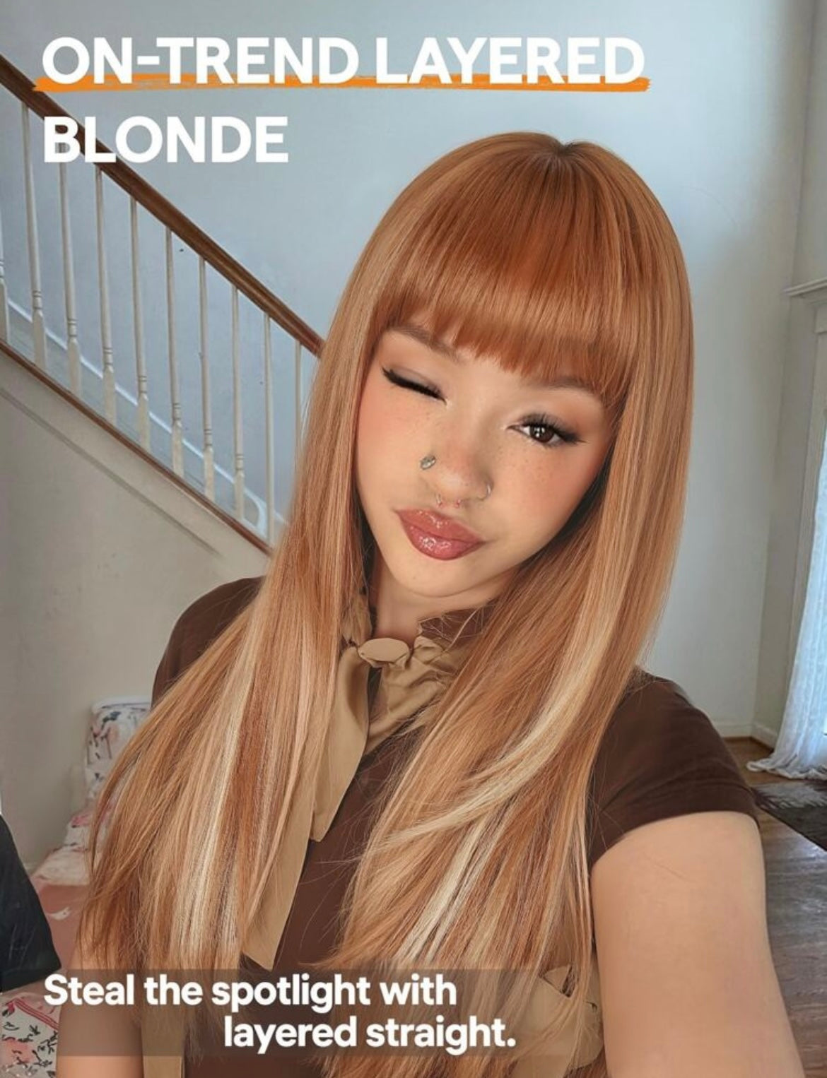 Brown Long Straight Glueless Wig With Bangs Put On & Go Highligh