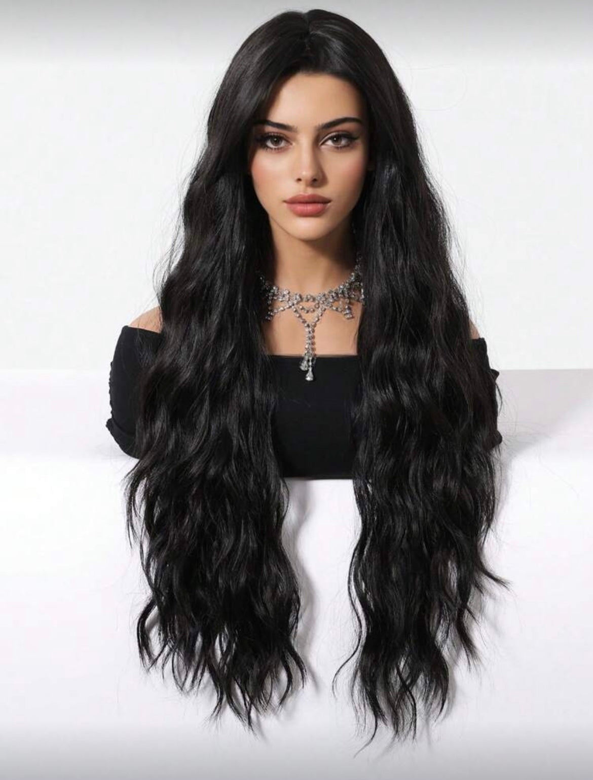 Long Black Wig For Women With Bangs Wavy Curly Synthetic Hair Natural Looking