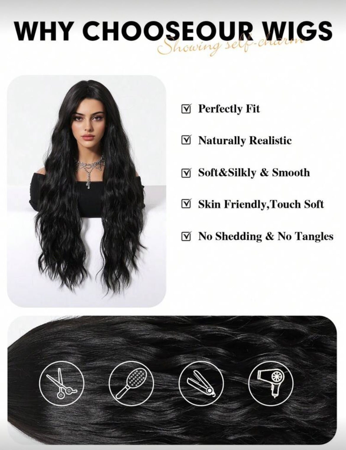 Long Black Wig For Women With Bangs Wavy Curly Synthetic Hair Natural Looking
