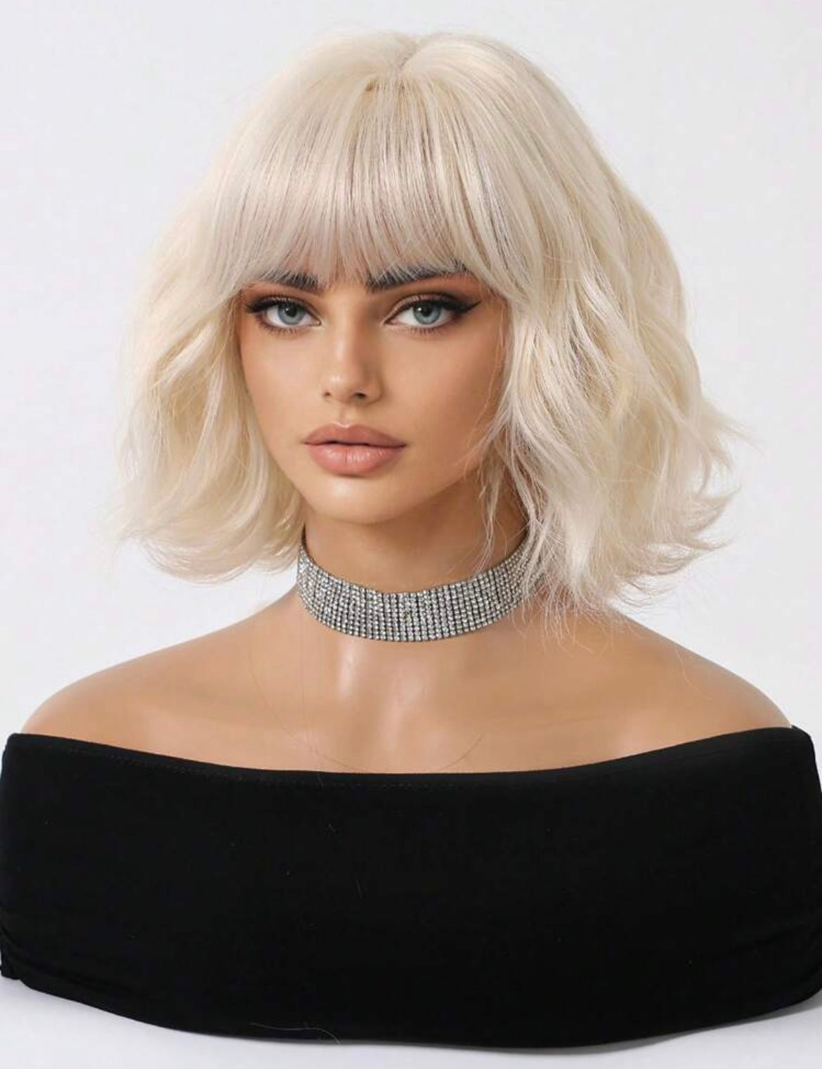 Blonde Bob Wig with Bangs – Short Wavy Synthetic Hair – Platinum Blonde Lob – Natural Looking Cosplay & Everyday Wig