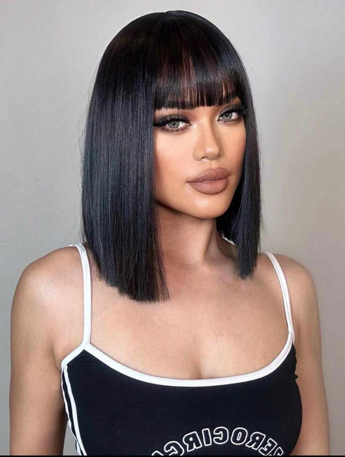Natural Black Short Straight Bob Wig With Bangs Synthetic Wig