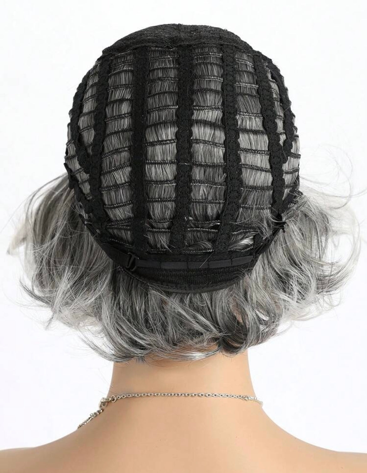 Natural Medium Length Curly Silver Gray Synthetic Fiber Wig With Side Bangs For Middle-Aged And Older Moms