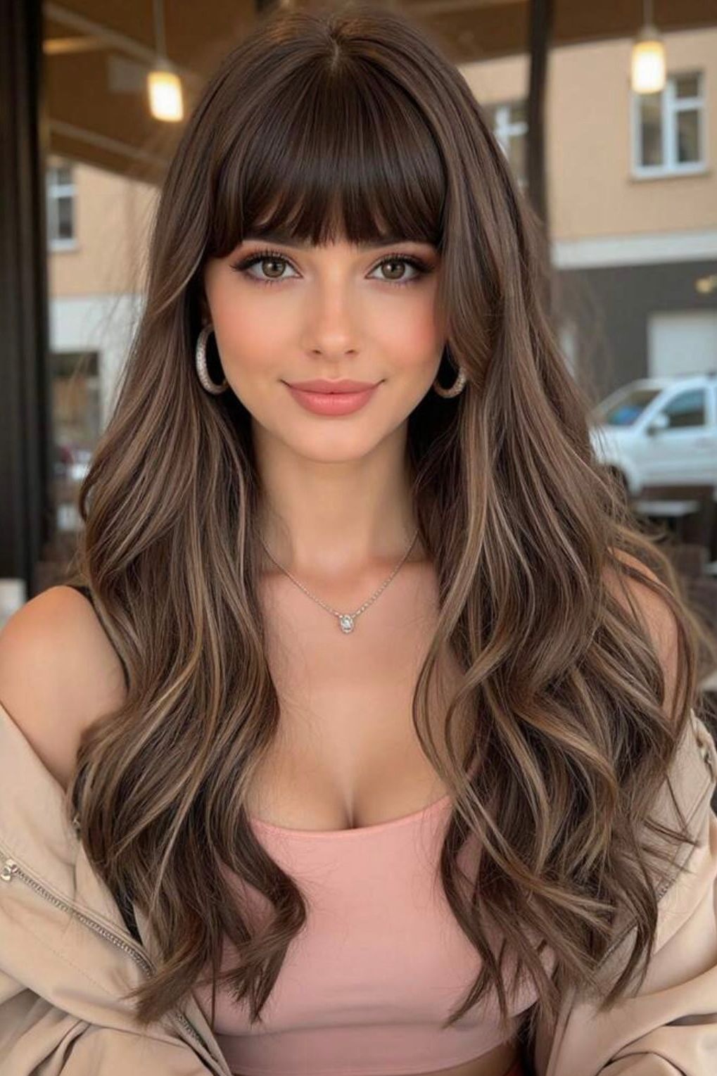 Brown Straight Bangs And Long Curly Hair Synthetic Wigs Natural-Looking And Heat Resistant