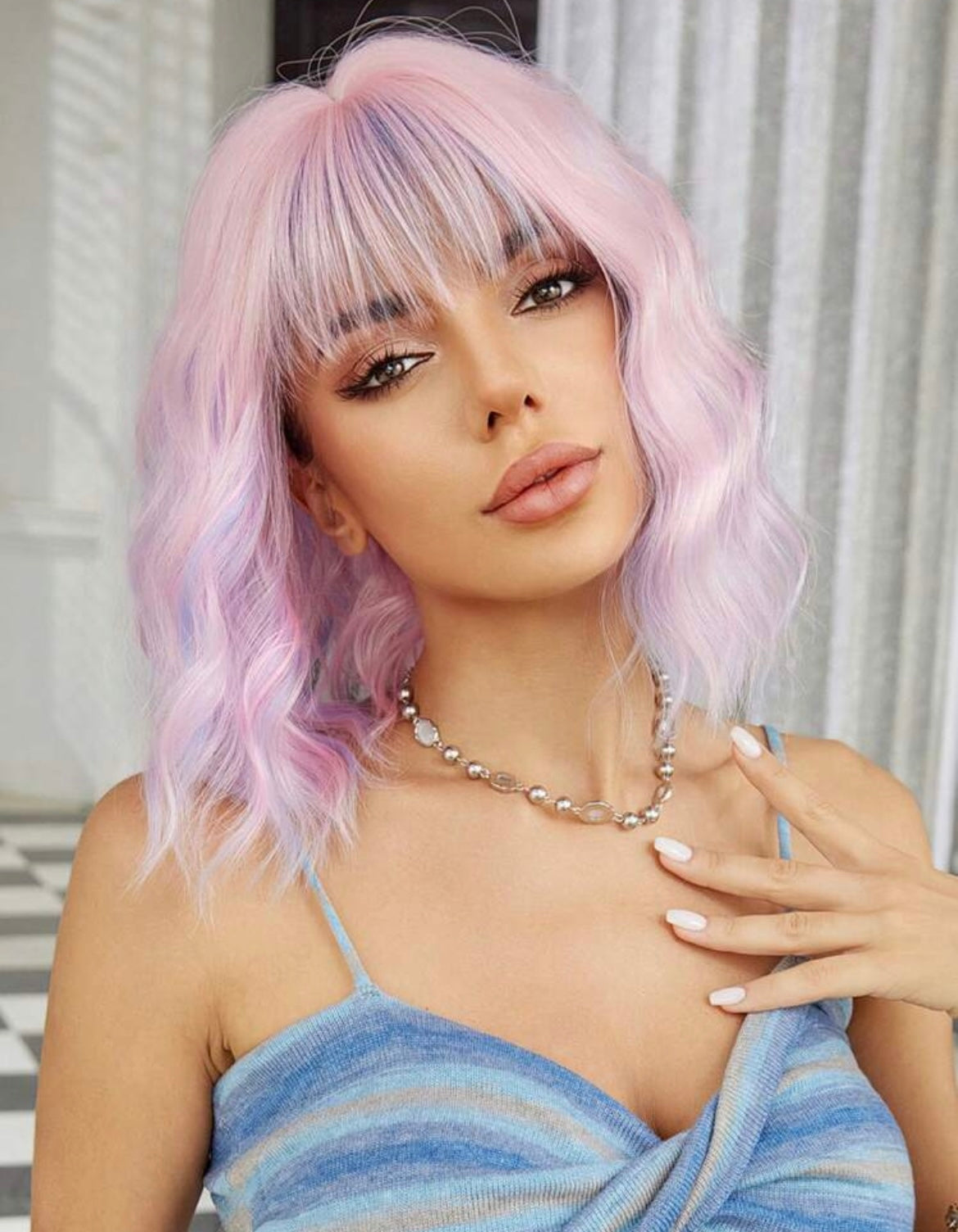 Purple-Pink Inch Bob Wigs For Women Curly Wavy Wigs With Bangs Short Synthetic Wigs For Party Costume Daily Wear Music Festival Colorful Wigs