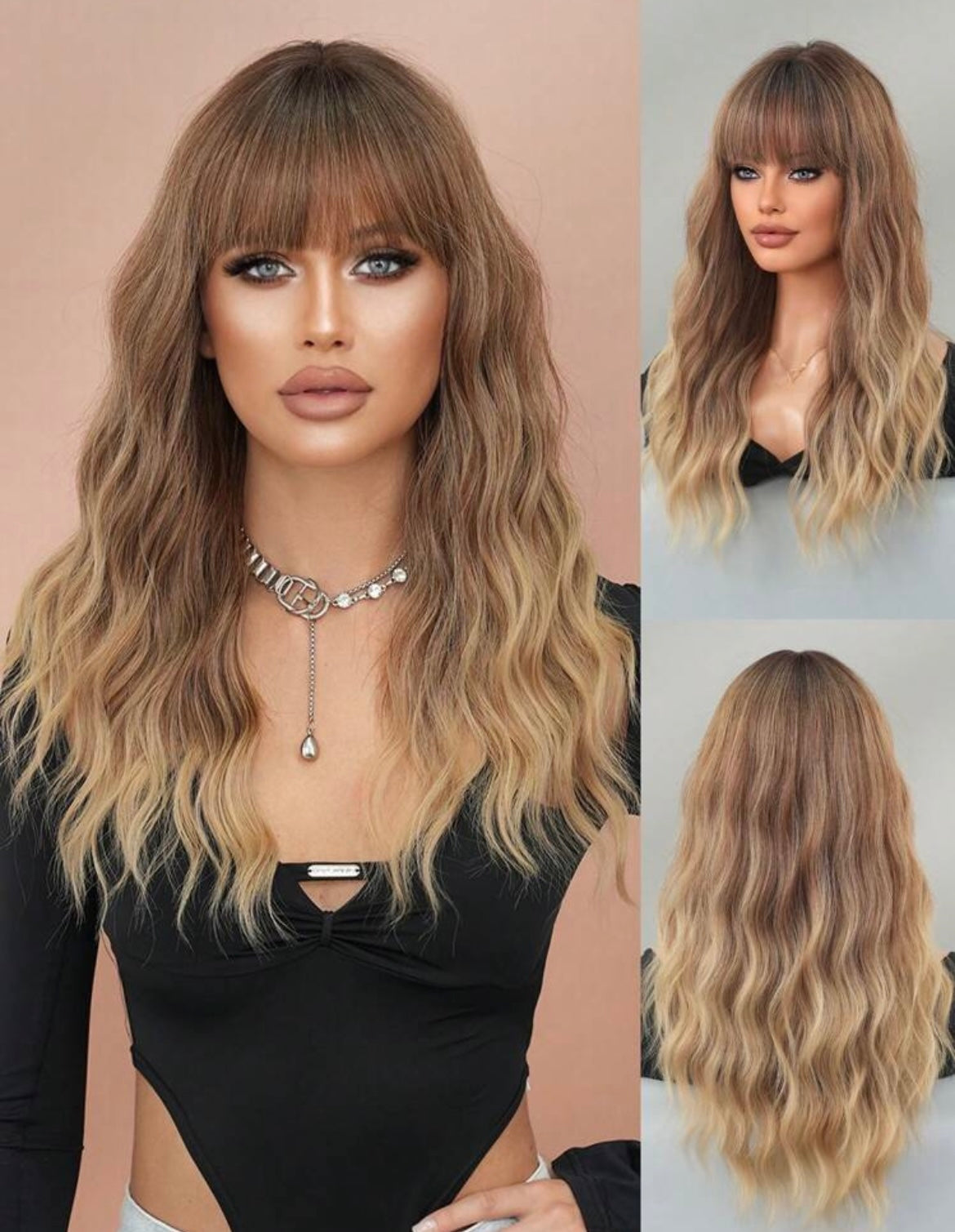 Ombre Brown Wig With Bangs Long Wavy Brown Mixed Blonde Wig With Dark Roots Daily Party Use