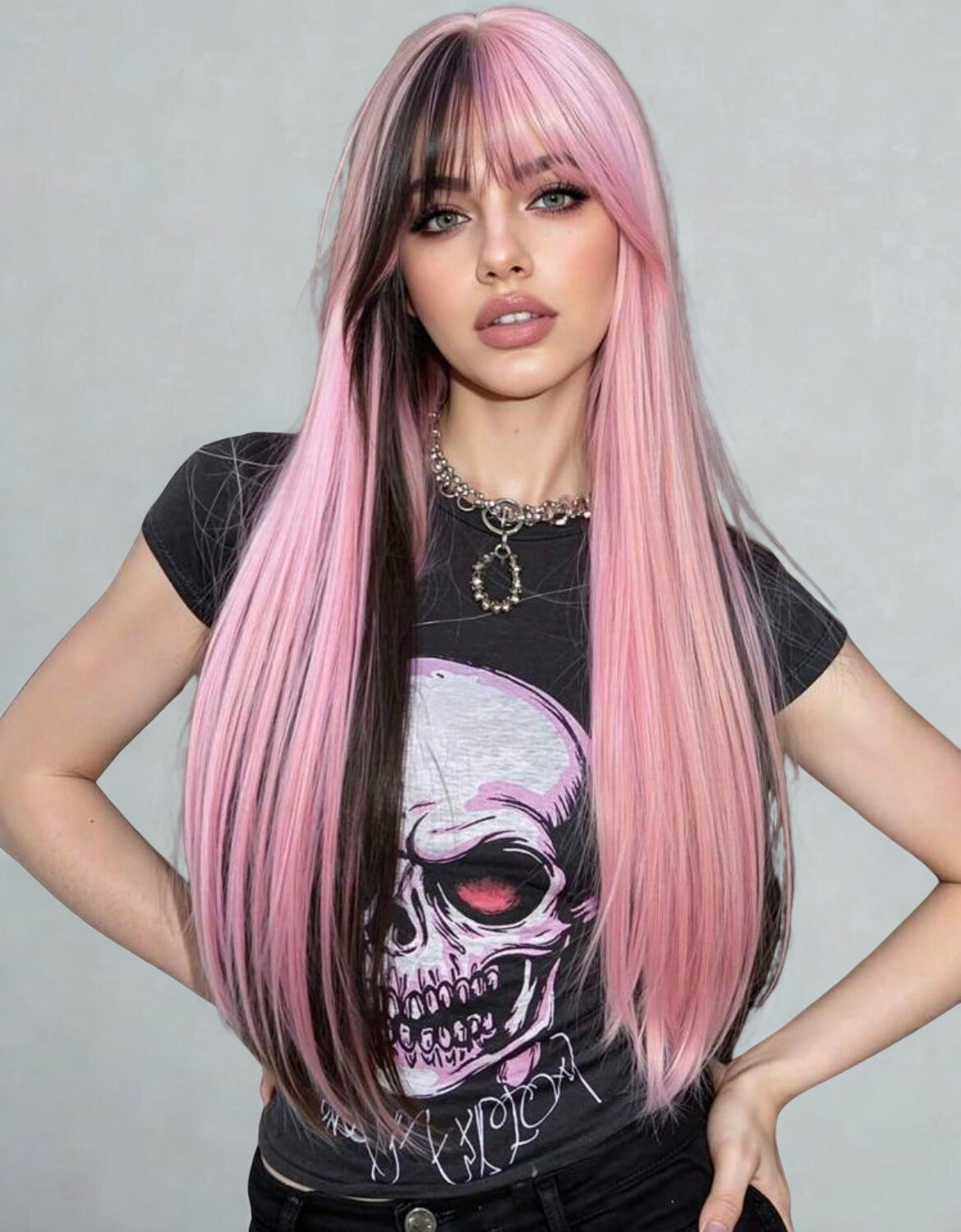 Ombre Black Pink Wig With Bangs Long Straight Wig For Women Natural Synthetic Daily Cosplay Party