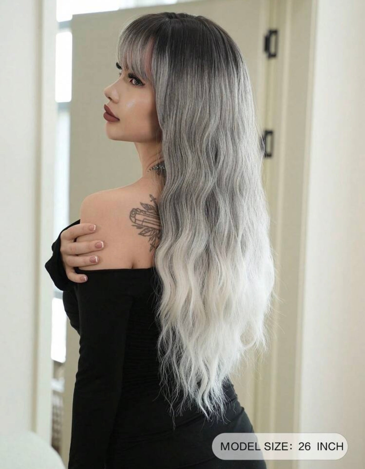 Ombre Grey Wigs Wavy Wig With Bangs Dark Roots Gray To White Natural Looking Long Curly Synthetic Wig For Women - Labelle Boutique Hair