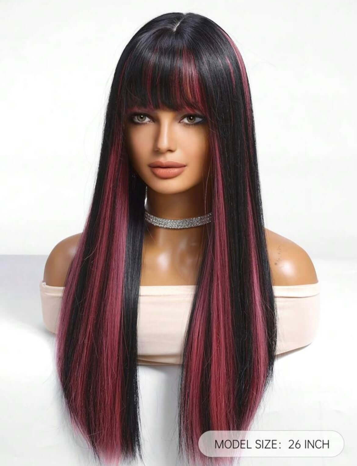Black And Pink Long Straight Synthetic Wig With Bangs Heat Resistant Fiber Wig
