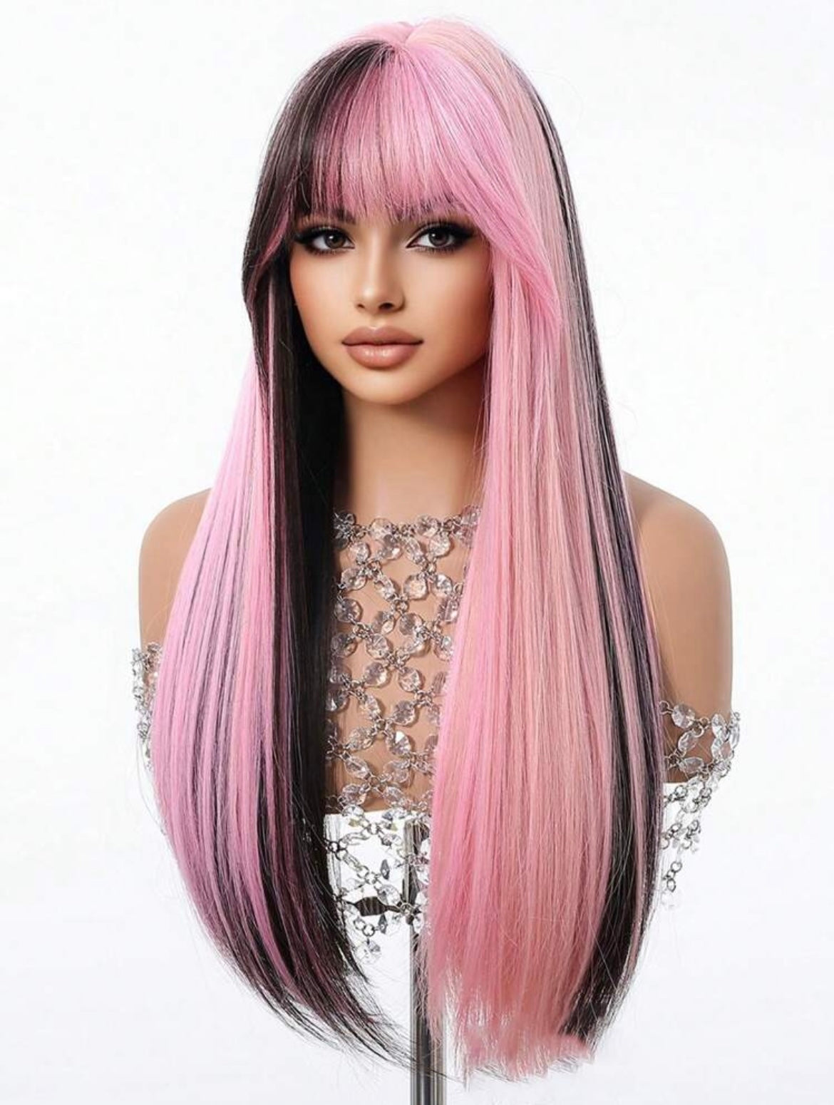 Ombre Black Pink Wig With Bangs Long Straight Wig For Women Natural Synthetic Daily Cosplay Party