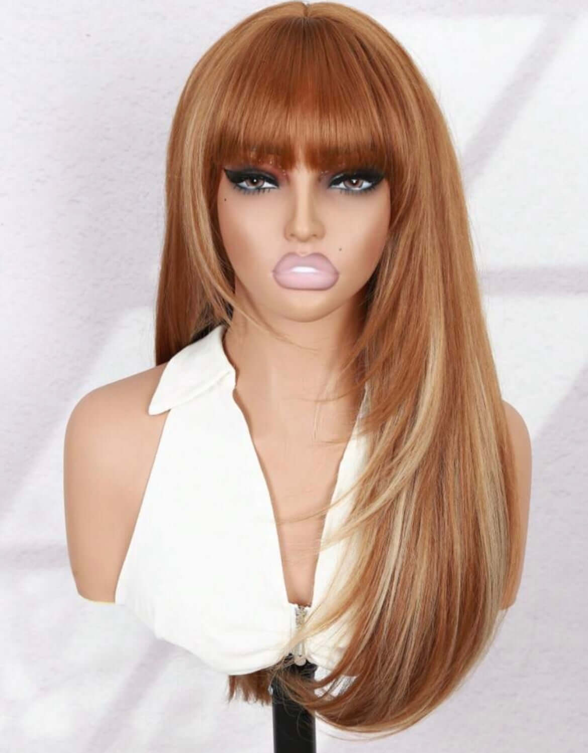 Brown Long Straight Glueless Wig With Bangs Put On & Go Highligh