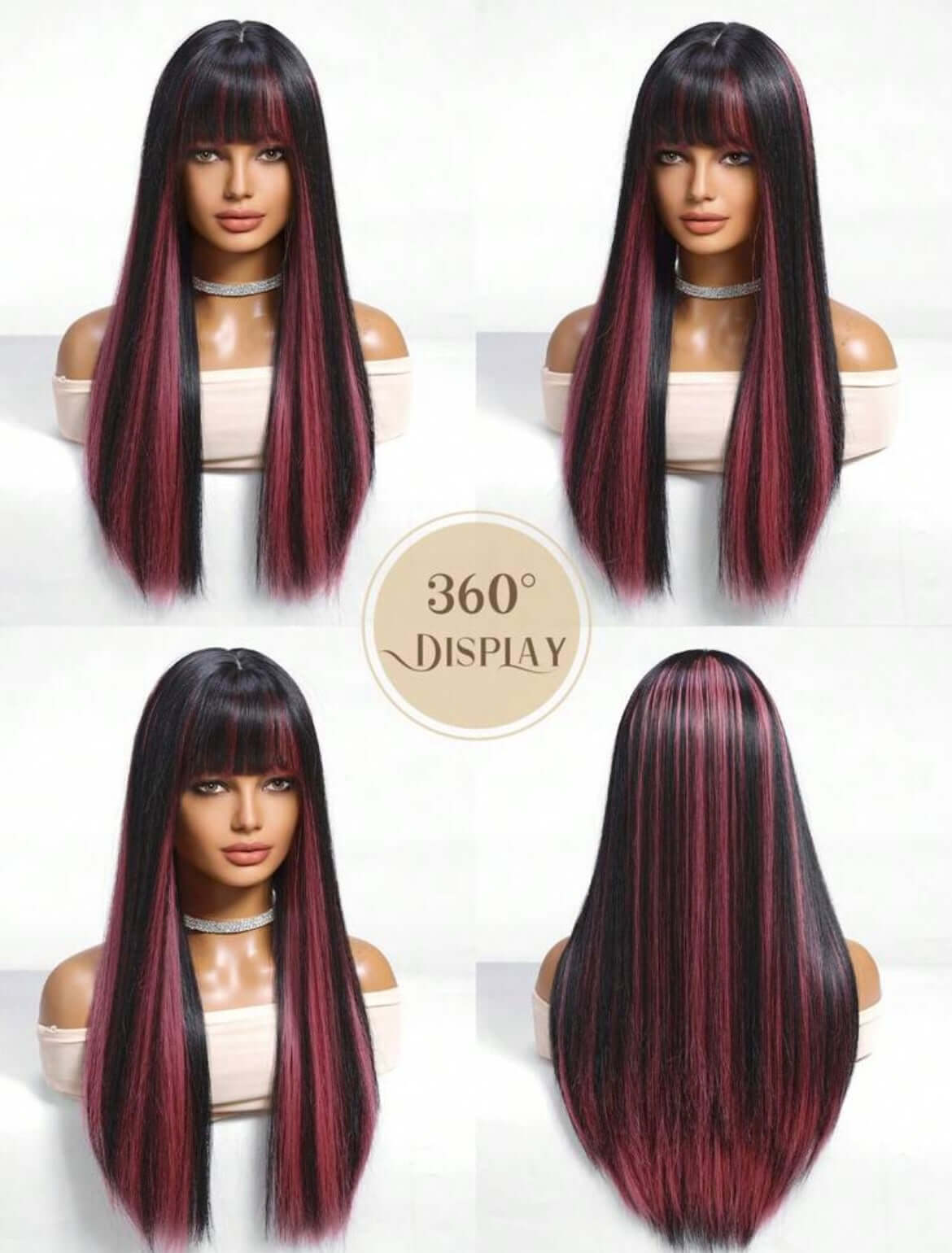 Black And Pink Long Straight Synthetic Wig With Bangs Heat Resistant Fiber Wig