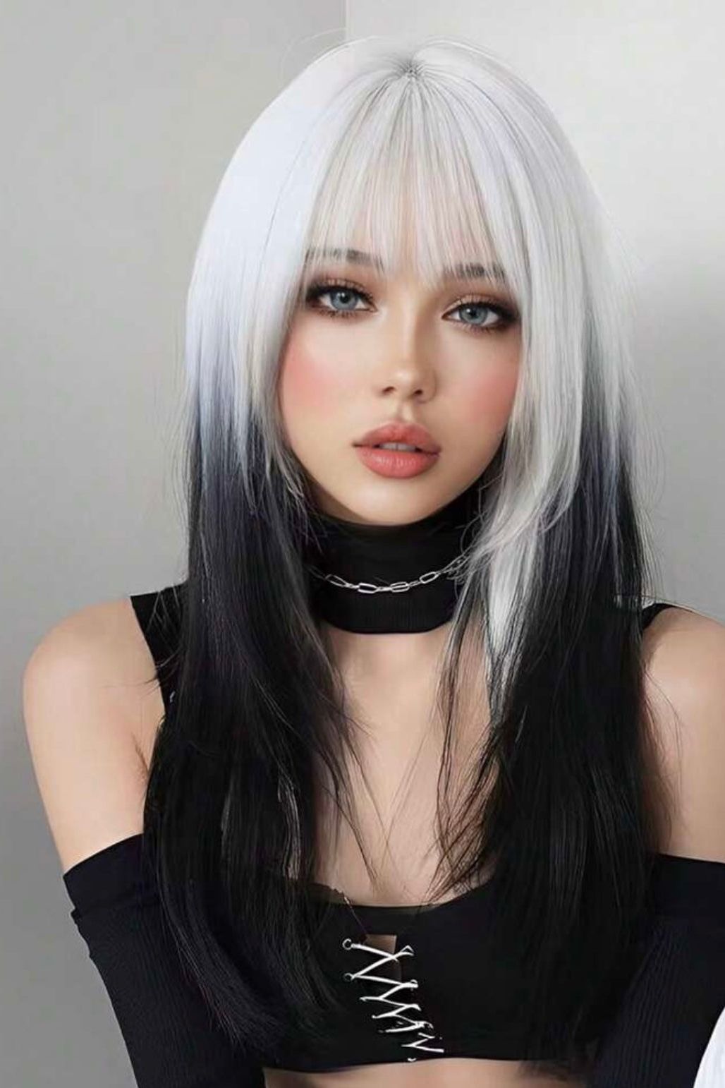 Black White Ombre Synthetic Wigs With Bangs Heat Resistant Wig