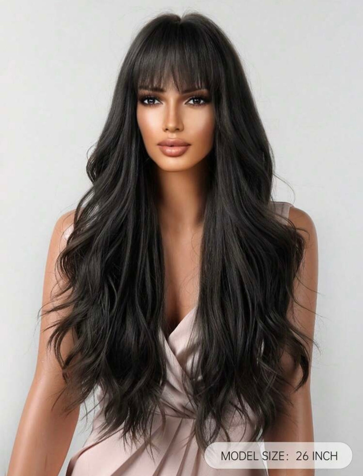 Long Curly Wigs With Bangs Black Wavy Wigs Synthetic Wigs Black Long Curly Wave Wig - Labelle Boutique Hair