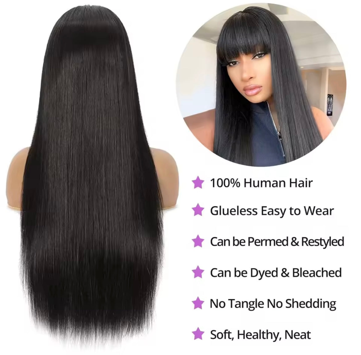 Brazilian Black Straight Human Hair Glueless Wig with Bangs