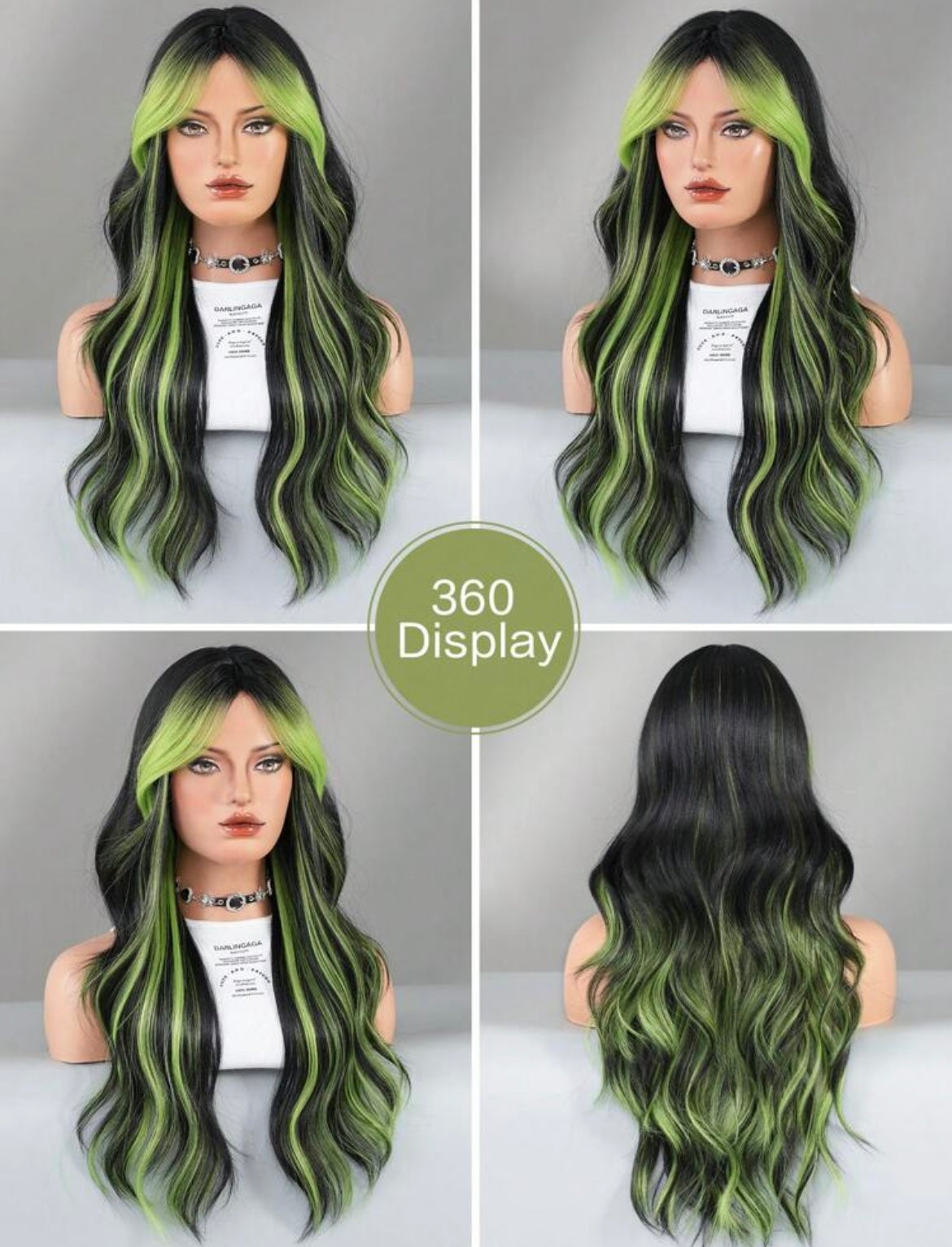 Highlight Green Wig Mixed Long Black Wave Curly Wig With Curtain Bangs Wigs