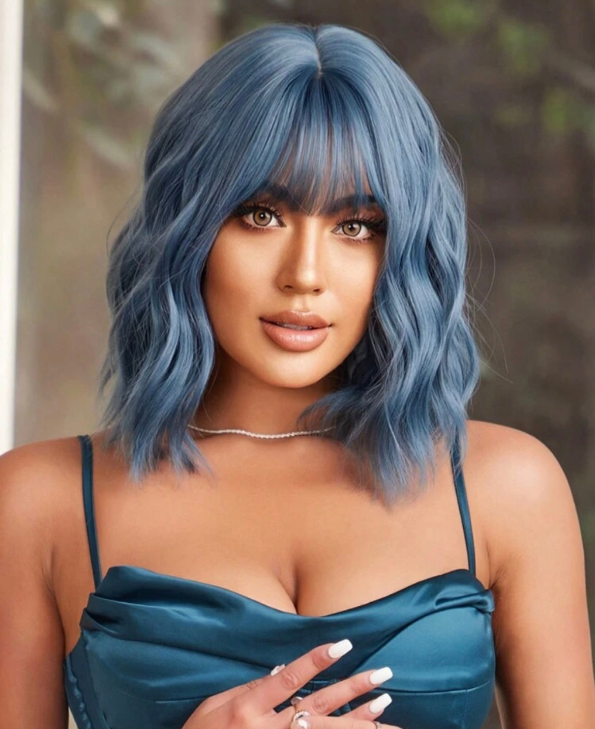 Curly Wavy Wigs With Bangs Blue Highlight Wavy Wigs For Women Synthetic Heat Resistant Party Cosplay Halloween Wigs