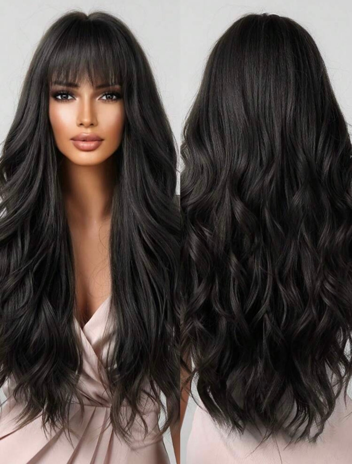 Long Curly Wigs With Bangs Black Wavy Wigs Synthetic Wigs Black Long Curly Wave Wig - Labelle Boutique Hair