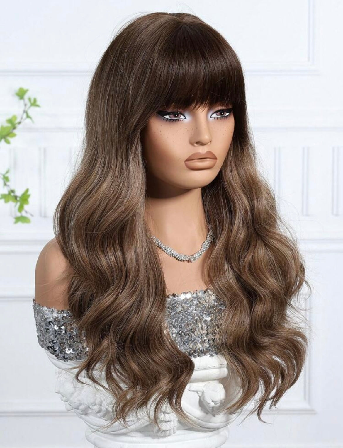 Brown Straight Bangs And Long Curly Hair Synthetic Wigs Natural-Looking And Heat Resistant
