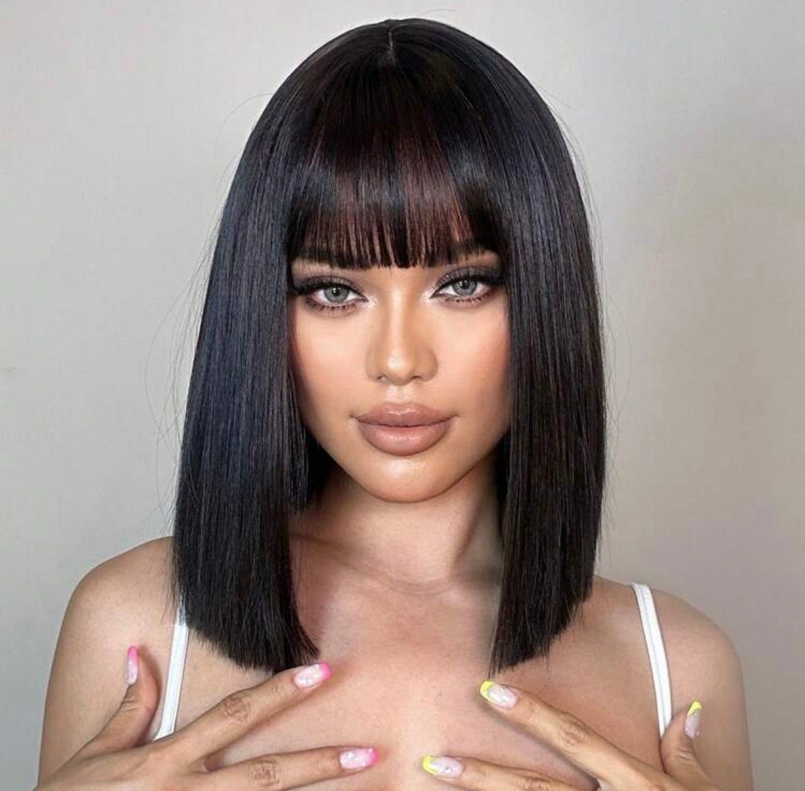 Natural Black Short Straight Bob Wig With Bangs Synthetic Wig