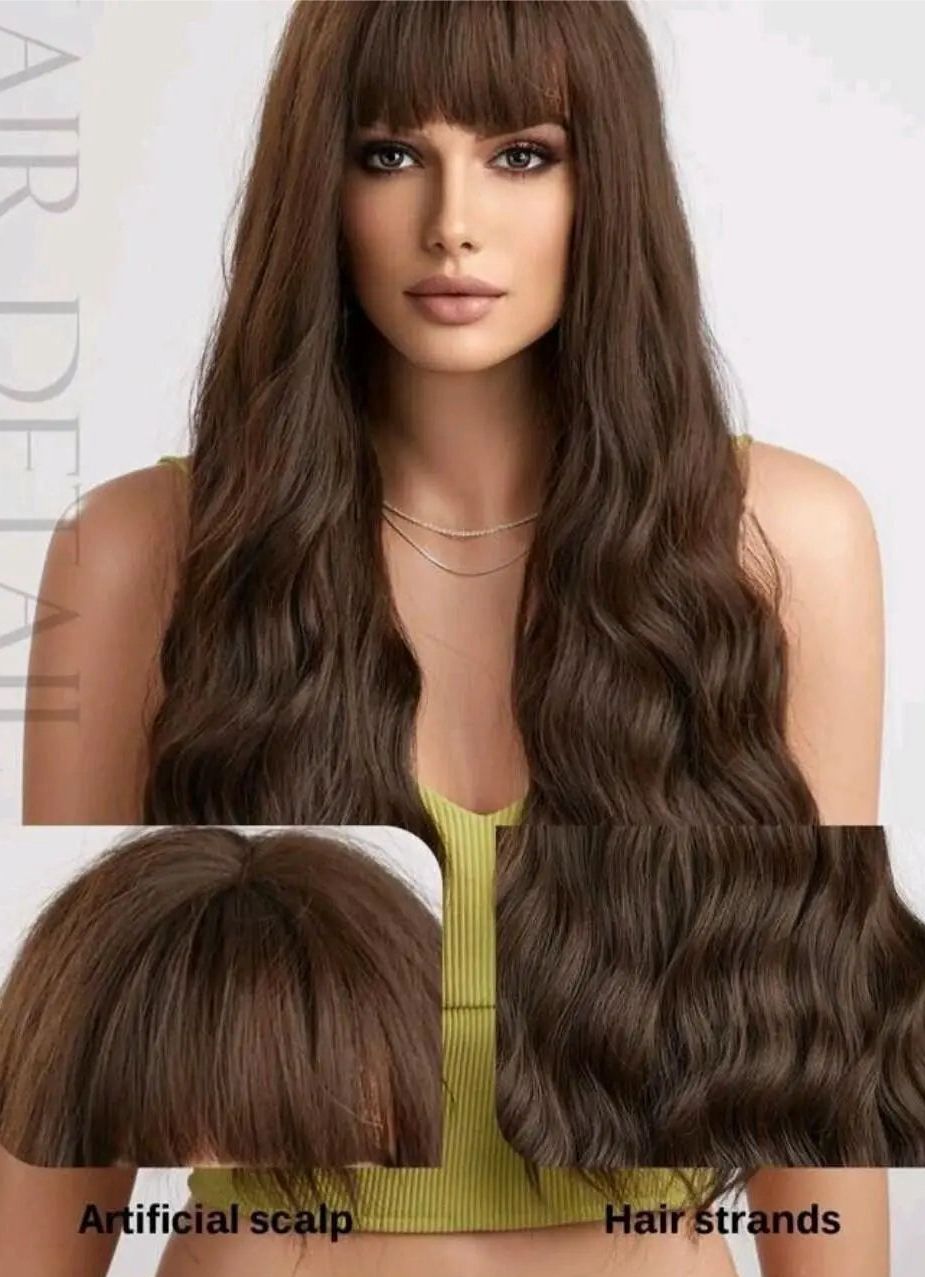 Long Curly Long Brown Natural Wave Wig With Bangs Heat Resistant Synthetic Curly