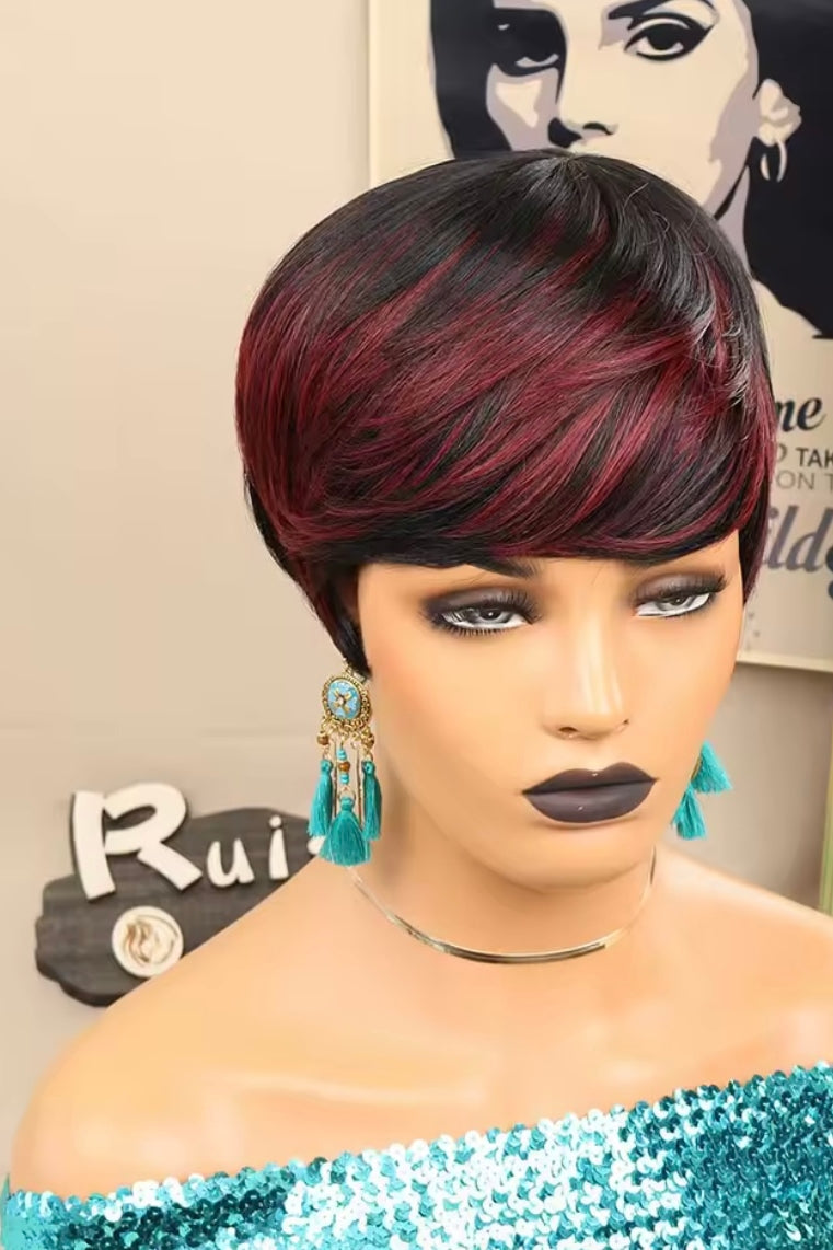 Short Pixie Cut Wigs for Black Women ShortWigs with Bangs Black with Brown Layered Wigs Glueless Short Bob Real Hair Wigs