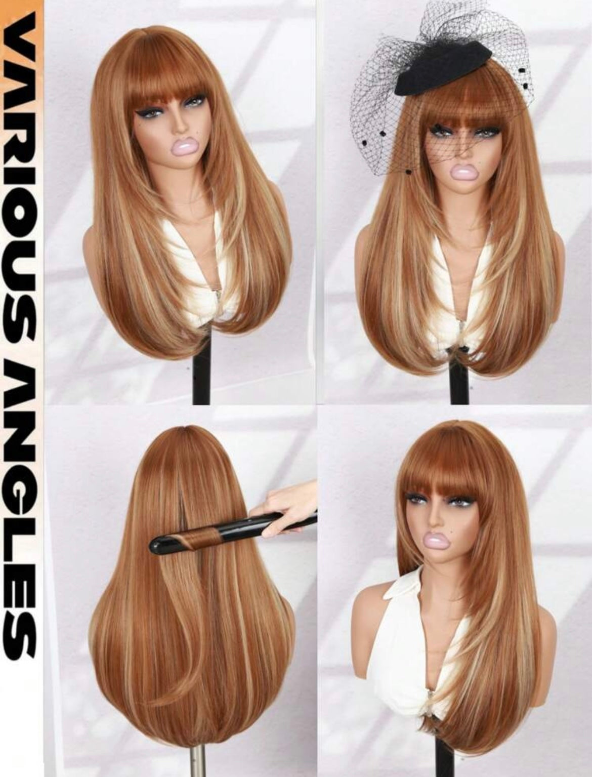 Brown Long Straight Glueless Wig With Bangs Put On & Go Highligh