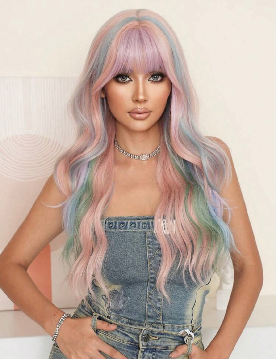 Pink Wig With Bangs Long Loose Wavy Wig Highlight Green Blue Hair Synthetic Hair Colored Wigs For Women Halloween Christmas