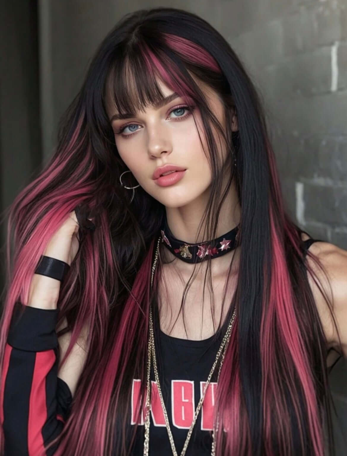 Black And Pink Long Straight Synthetic Wig With Bangs Heat Resistant Fiber Wig