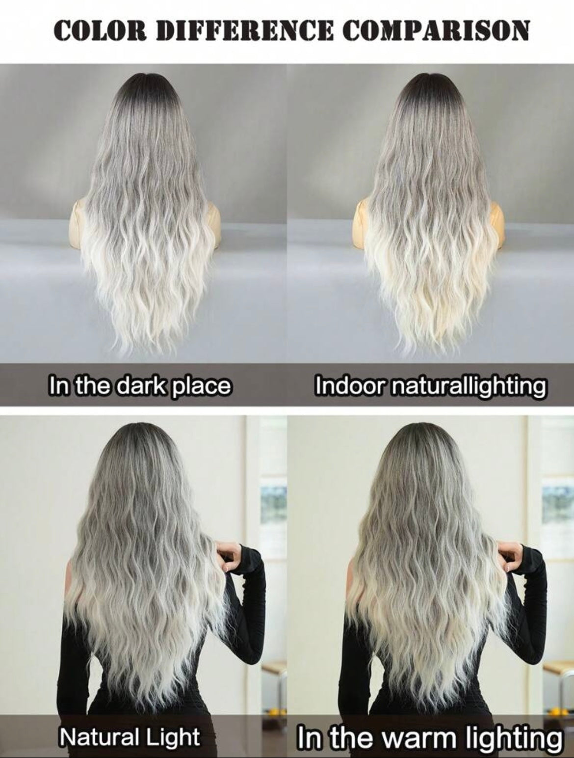Ombre Grey Wigs Wavy Wig With Bangs Dark Roots Gray To White Natural Looking Long Curly Synthetic Wig For Women - Labelle Boutique Hair