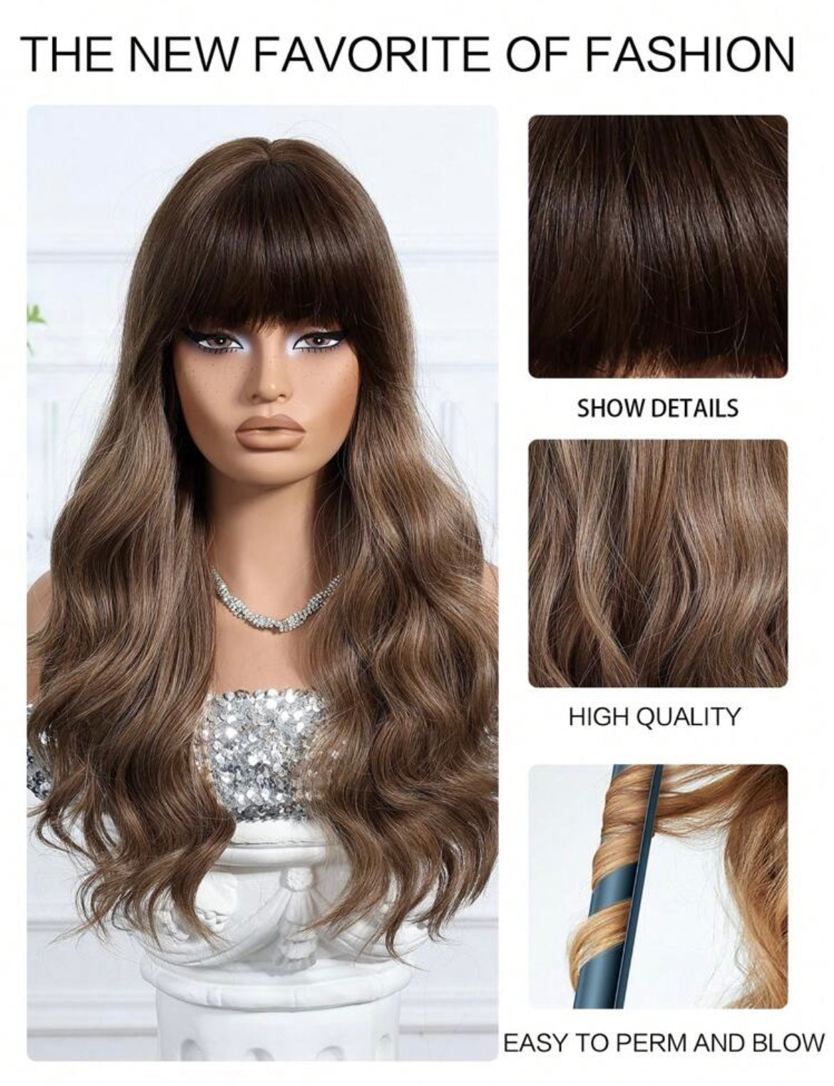 Brown Straight Bangs And Long Curly Hair Synthetic Wigs Natural-Looking And Heat Resistant