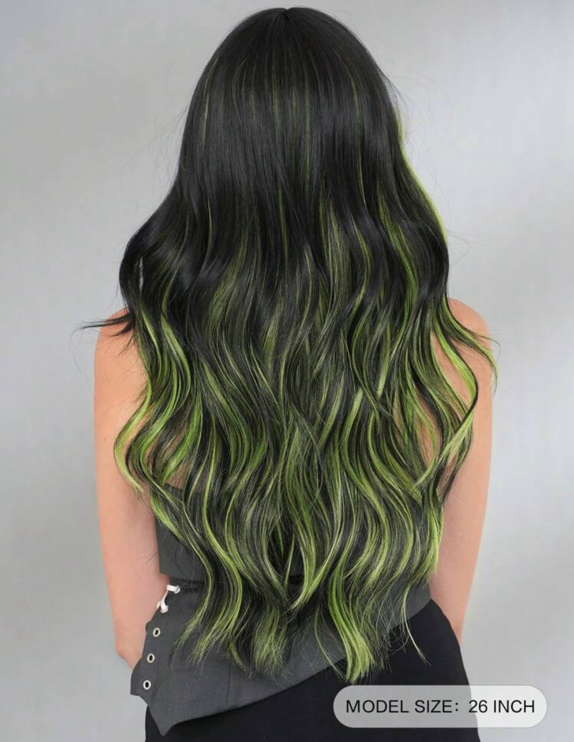 Highlight Green Wig Mixed Long Black Wave Curly Wig With Curtain Bangs Wigs