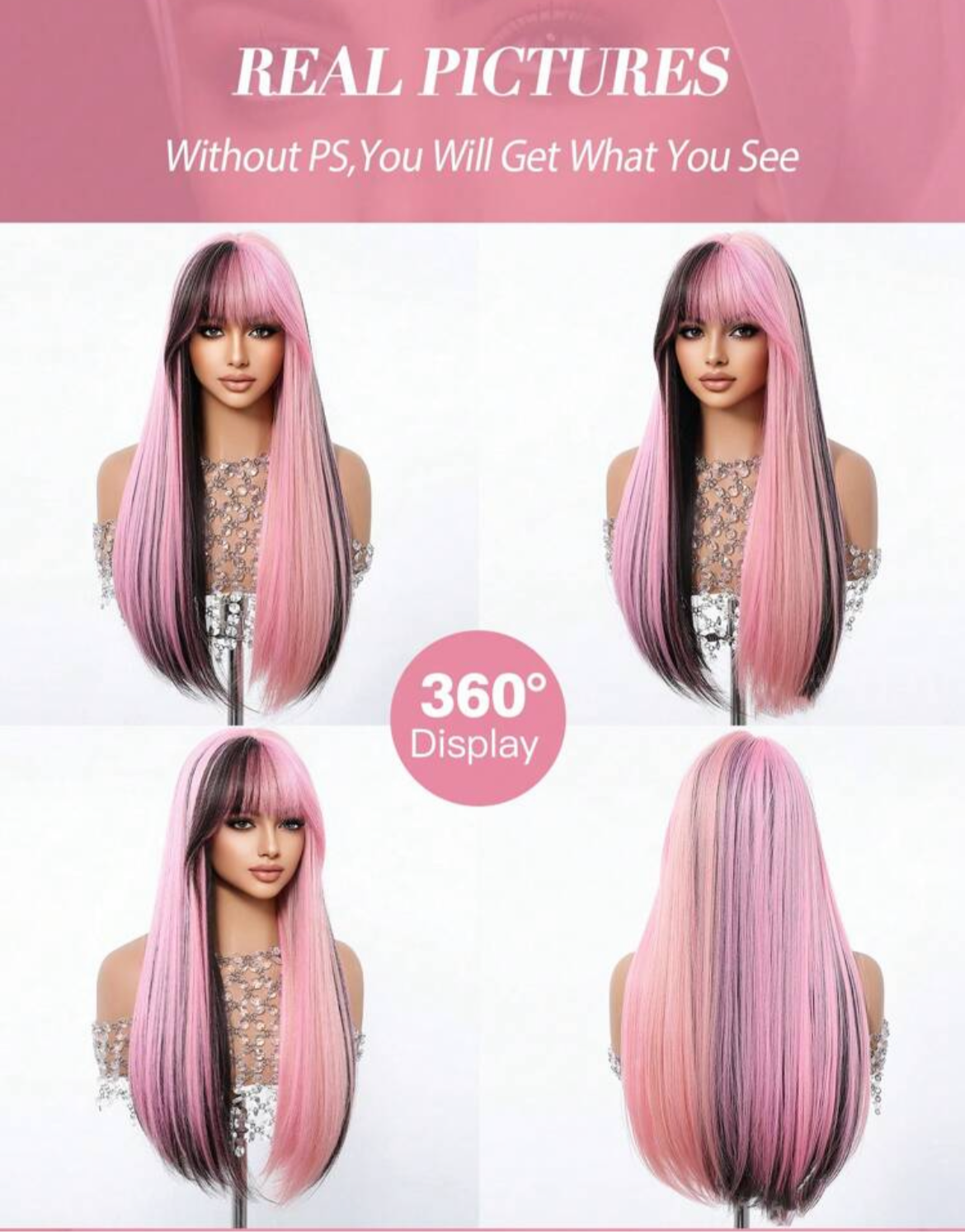 Ombre Black Pink Wig With Bangs Long Straight Wig For Women Natural Synthetic Daily Cosplay Party