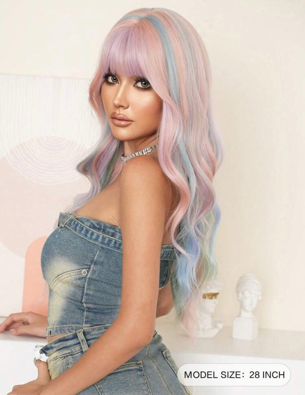 Pink Wig With Bangs Long Loose Wavy Wig Highlight Green Blue Hair Synthetic Hair Colored Wigs For Women Halloween Christmas