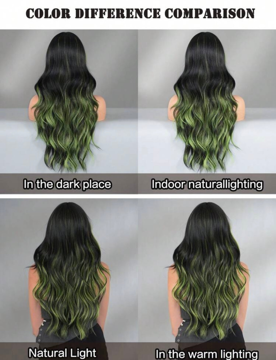 Highlight Green Wig Mixed Long Black Wave Curly Wig With Curtain Bangs Wigs