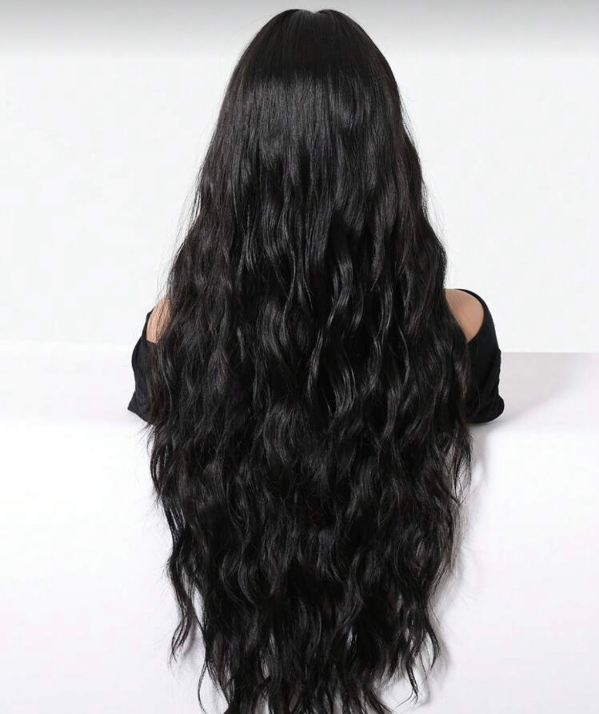 Long Black Wig For Women With Bangs Wavy Curly Synthetic Hair Natural Looking