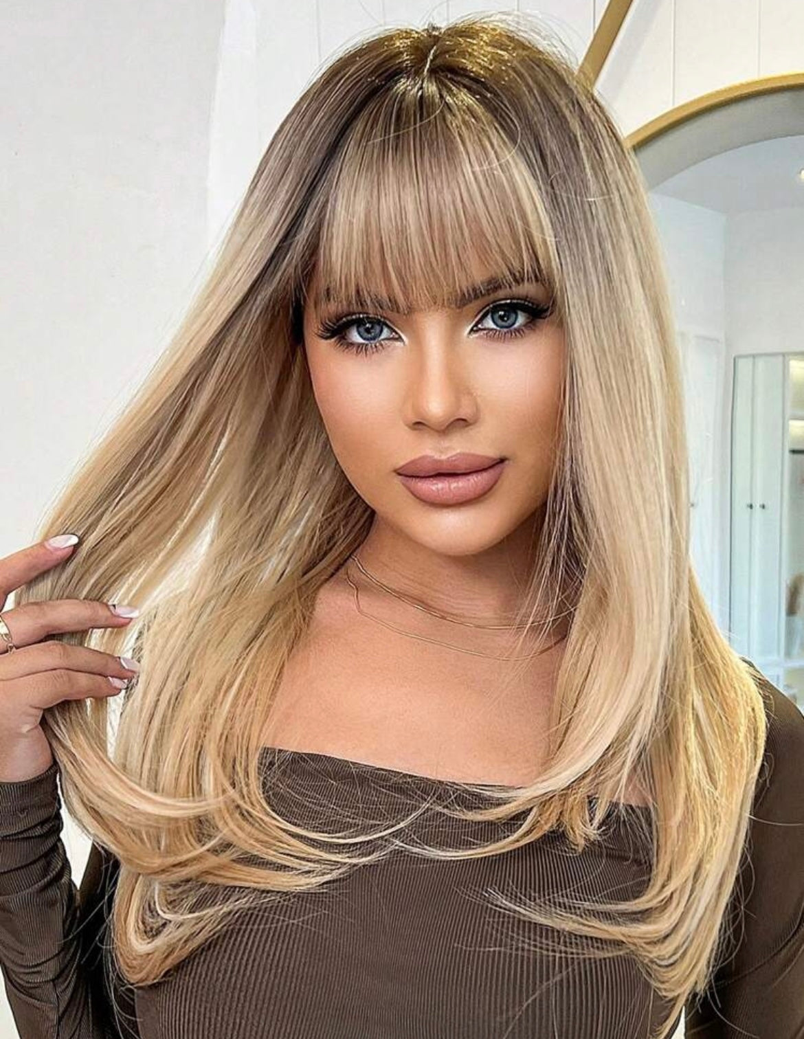 Long Gradient Gold Wig with Bangs – Natural Look Synthetic Hair for Women Heat Resistant & Daily Wear