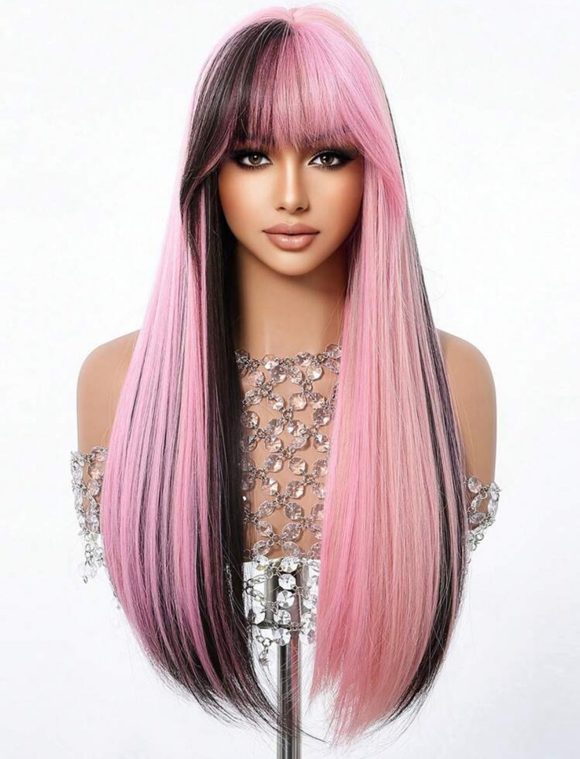 Ombre Black Pink Wig With Bangs Long Straight Wig For Women Natural Synthetic Daily Cosplay Party