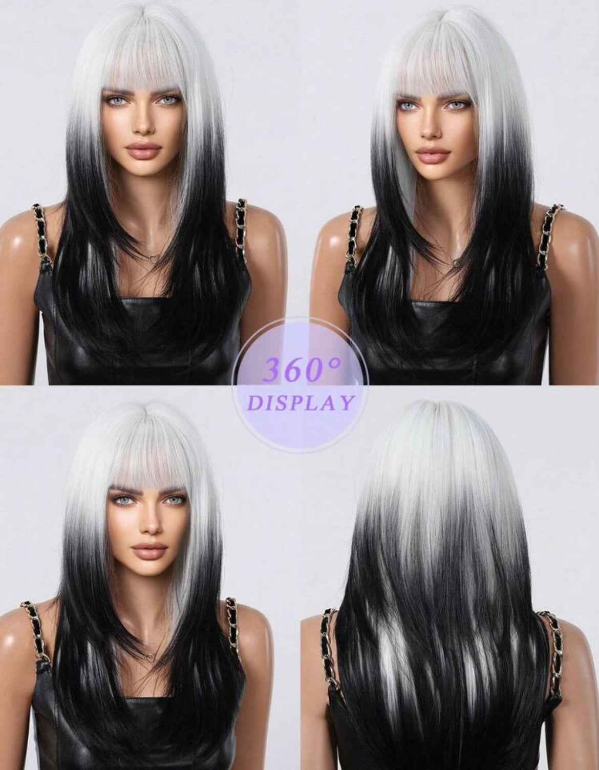 Black White Ombre Synthetic Wigs With Bangs Heat Resistant Wig