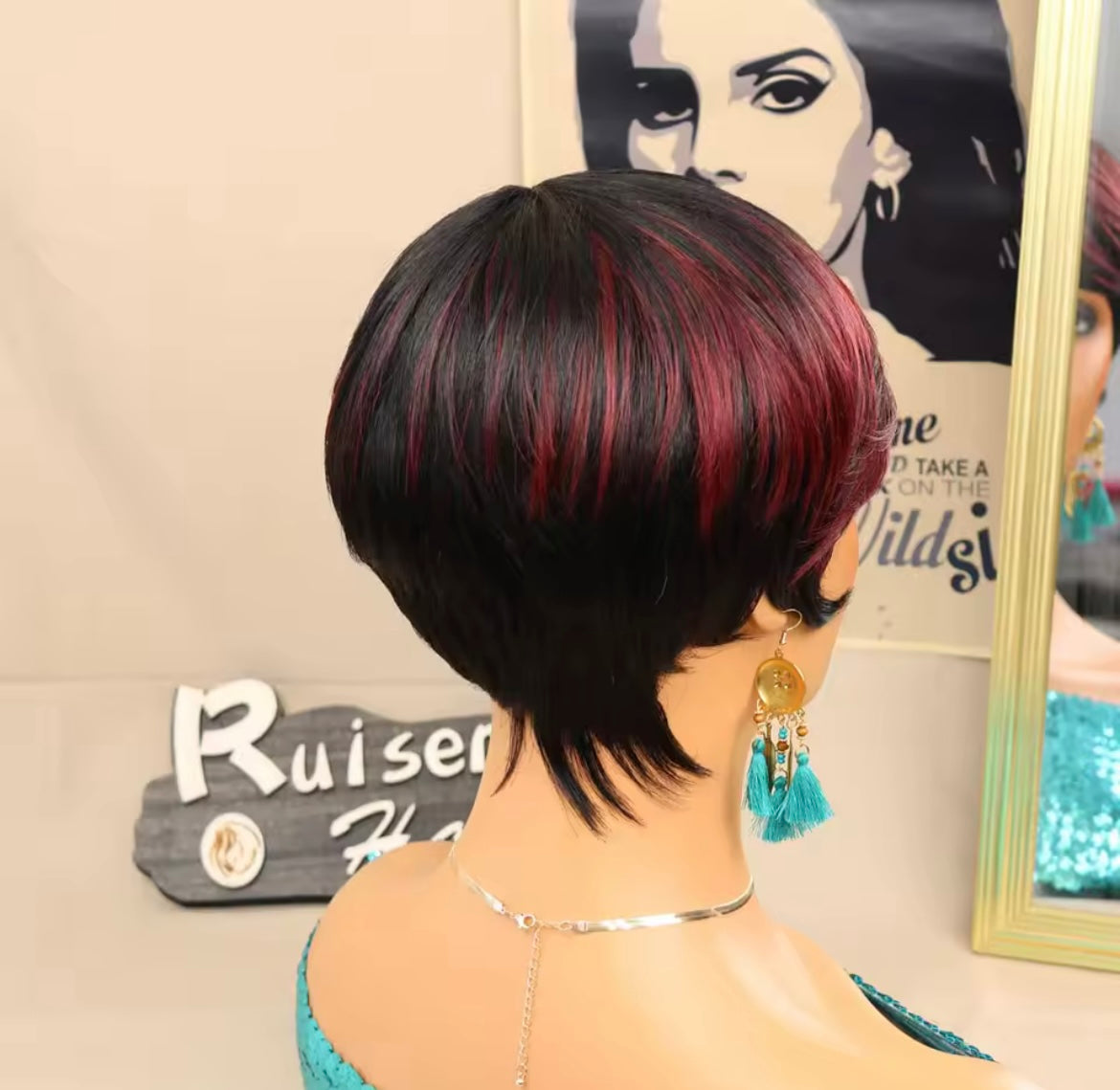 Short Pixie Cut Wigs for Black Women ShortWigs with Bangs Black with Brown Layered Wigs Glueless Short Bob Real Hair Wigs
