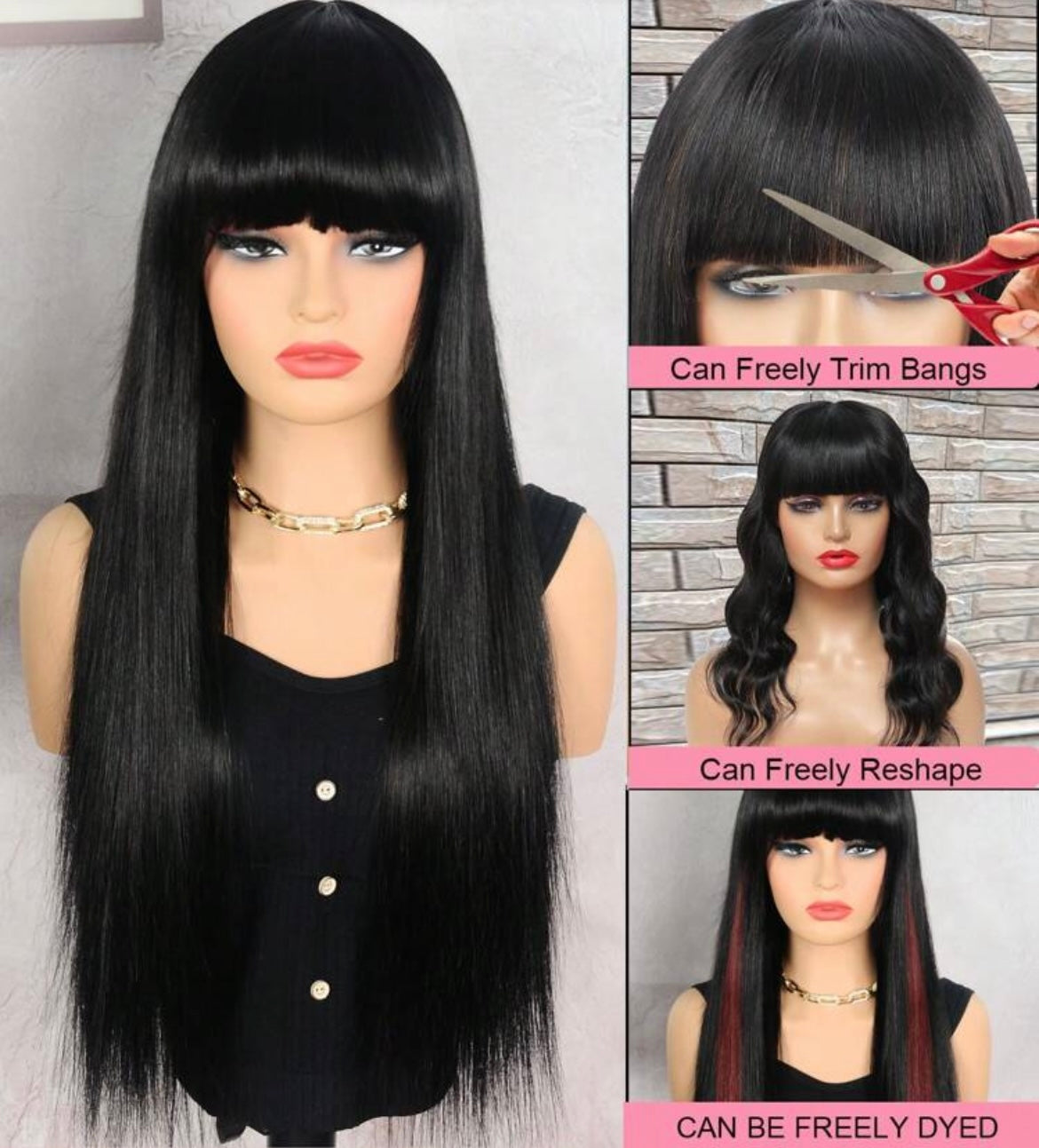 Brazilian Black Straight Human Hair Glueless Wig with Bangs