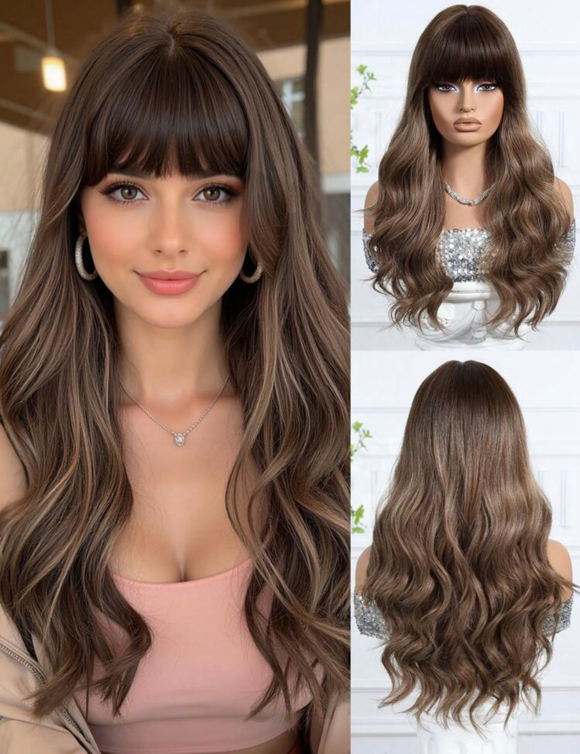 Brown Straight Bangs And Long Curly Hair Synthetic Wigs Natural-Looking And Heat Resistant