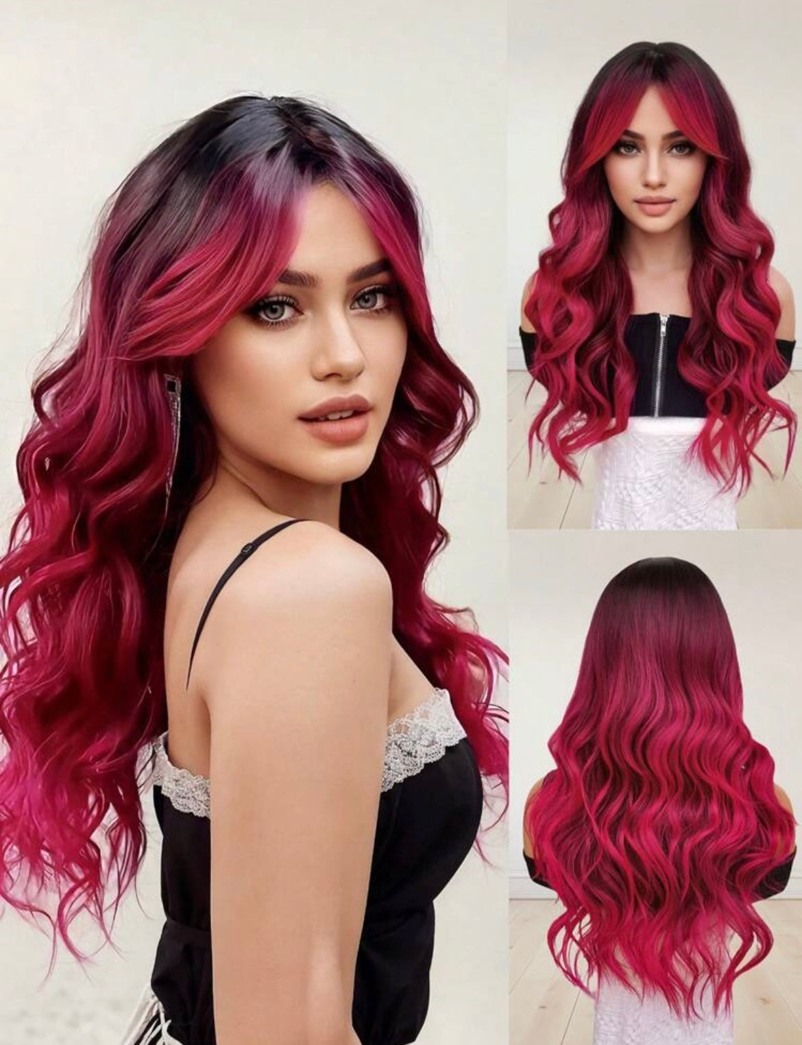 Ombre Wigs Water Wave Wigs With Bangs Rose Red Long Wavy Natural Wave Synthetic Wigs