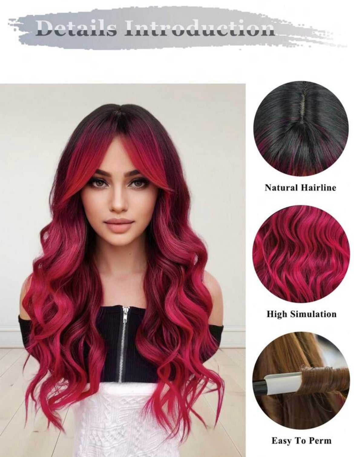 Ombre Wigs Water Wave Wigs With Bangs Rose Red Long Wavy Natural Wave Synthetic Wigs