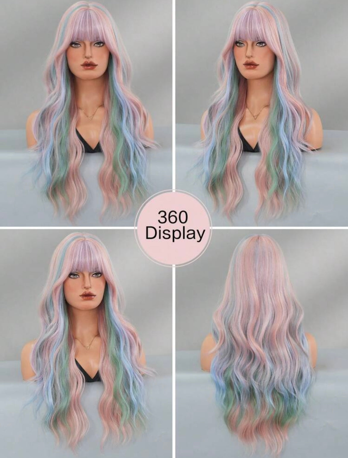 Pink Wig With Bangs Long Loose Wavy Wig Highlight Green Blue Hair Synthetic Hair Colored Wigs For Women Halloween Christmas