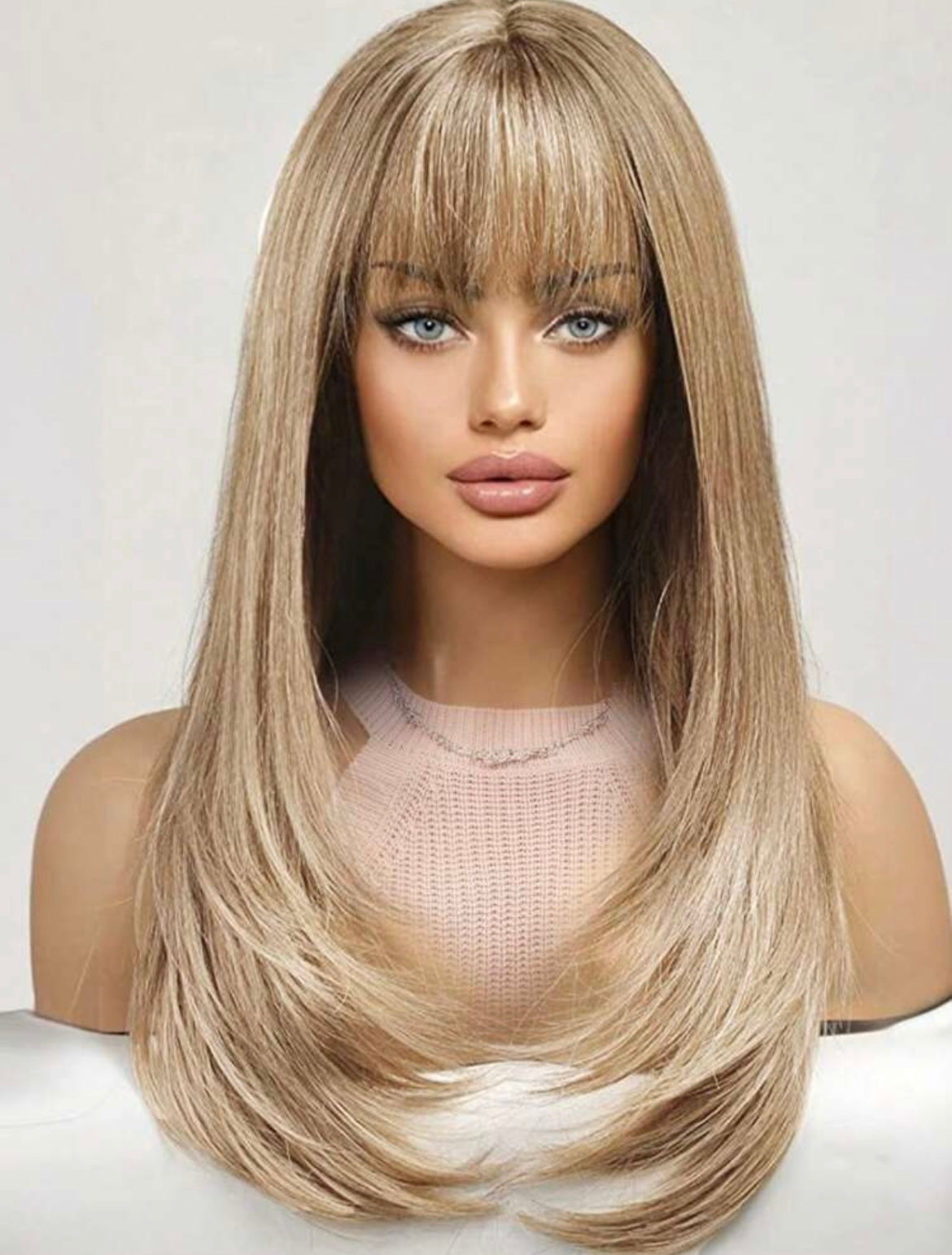 Long Gradient Gold Wig with Bangs – Natural Look Synthetic Hair for Women Heat Resistant & Daily Wear