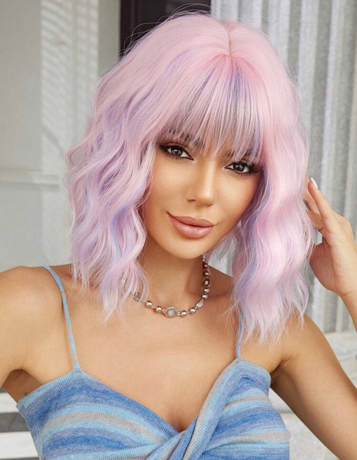 Purple-Pink Inch Bob Wigs For Women Curly Wavy Wigs With Bangs Short Synthetic Wigs For Party Costume Daily Wear Music Festival Colorful Wigs