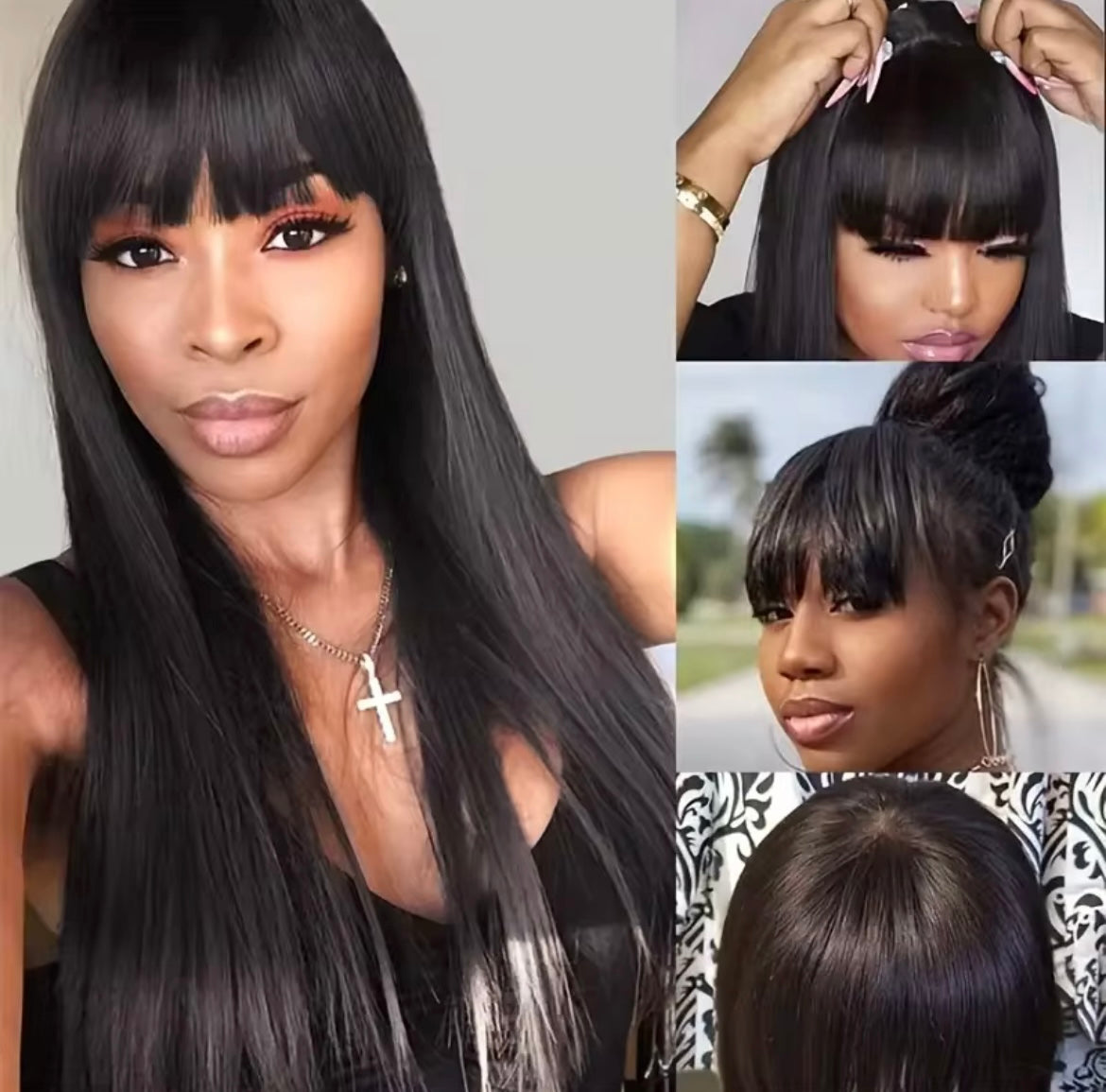 Brazilian Black Straight Human Hair Glueless Wig with Bangs